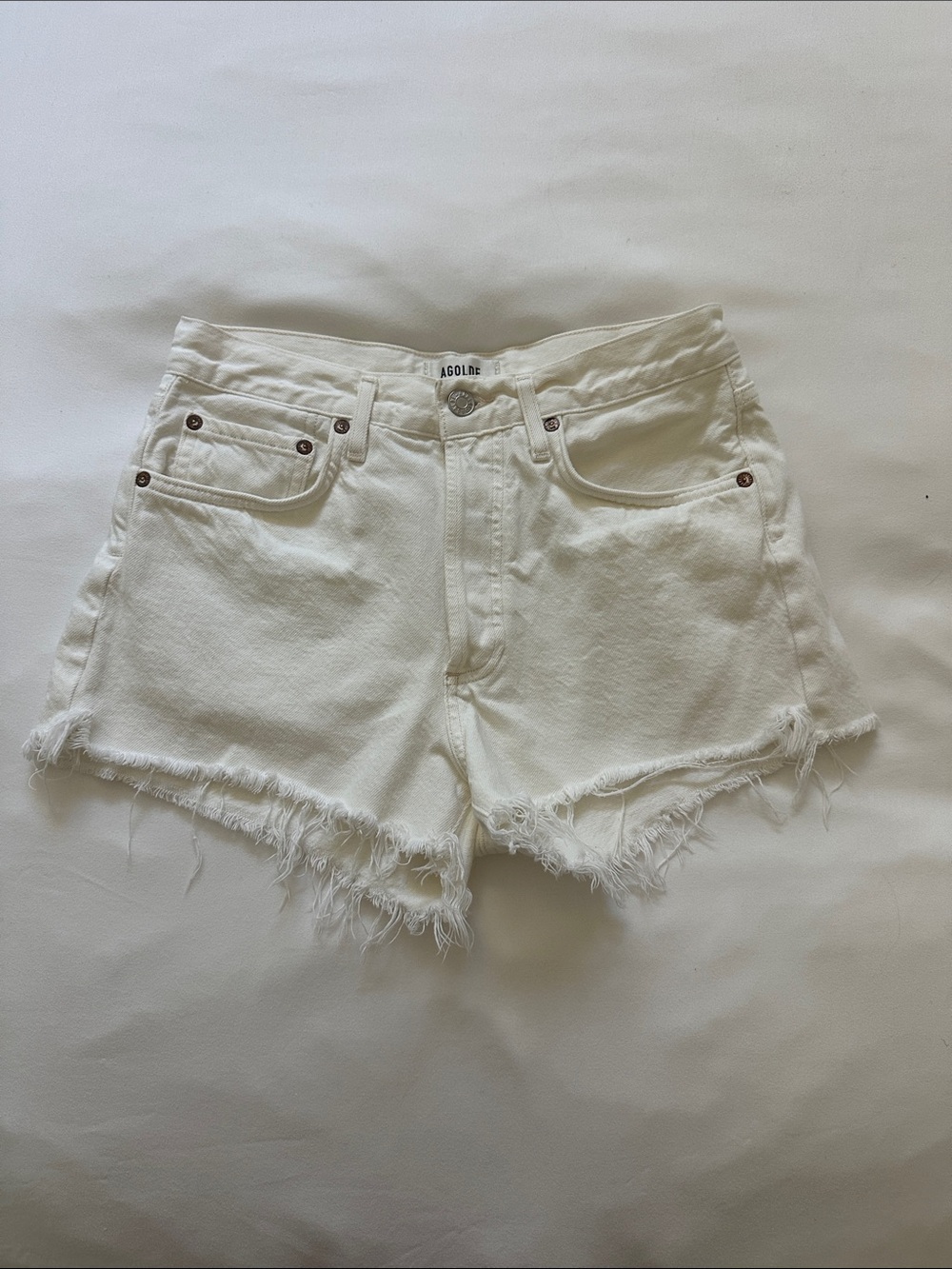 Agolde “Parker” White Raw Hem Denim Shorts
